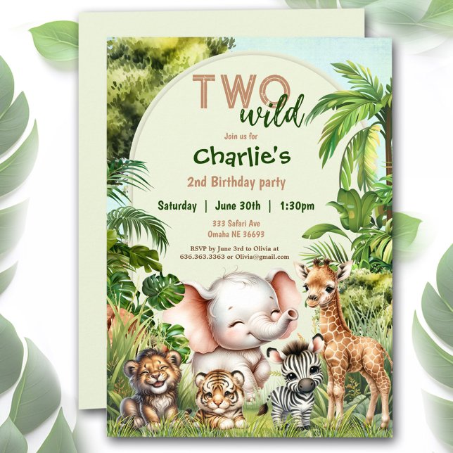 Invitación La jungla de Safari aburre a los animales dos salv (Safari Jungle Cute Animals Two Wild 2nd Birthday Invitation)