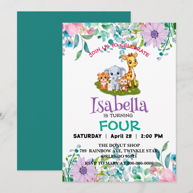 Invitación La jungla del zoológico lindo Animales Fiesta de c (Anverso / Reverso)