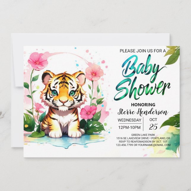 Invitación La jungla florece tigre Baby Shower (Anverso)