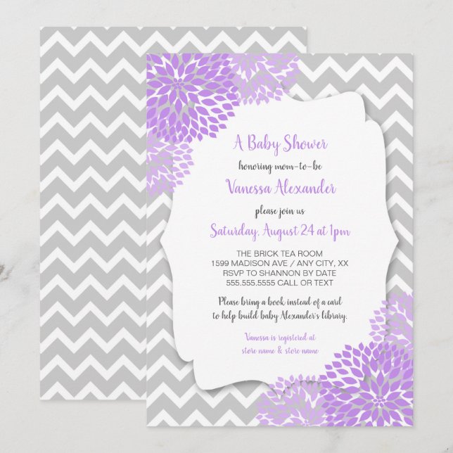 Invitación La lavanda de moda Baby Shower floral gris invita (Anverso / Reverso)