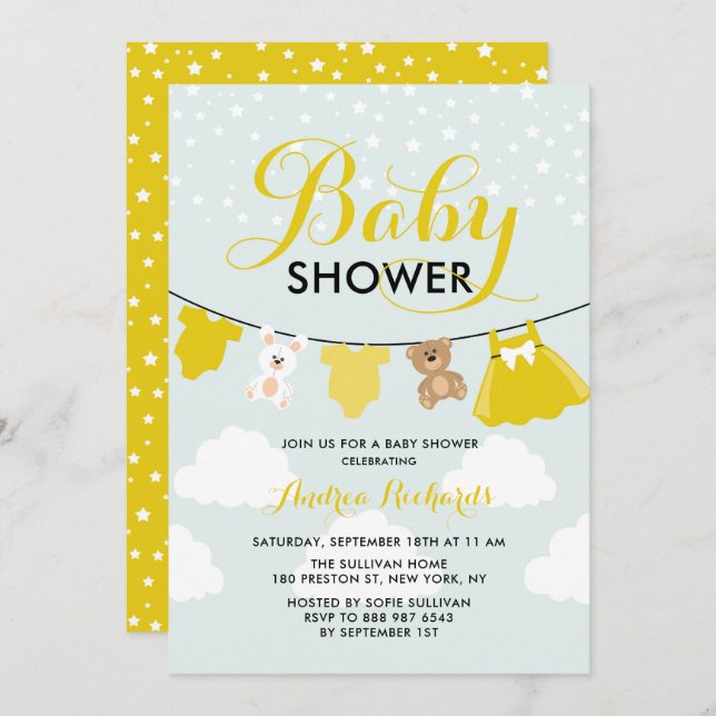 Invitación La línea de ropa suave amarilla es un Baby Shower  (Anverso / Reverso)
