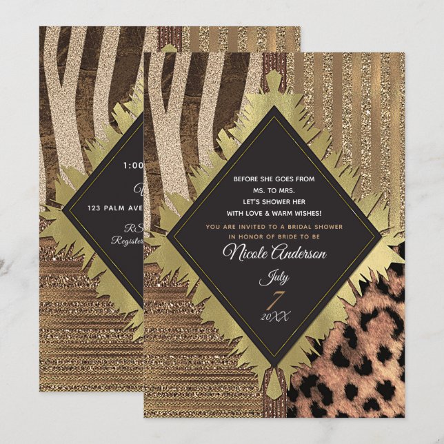 Invitación La lionesa Safari Jungle Glam Moderna Bridal Showe (Anverso / Reverso)