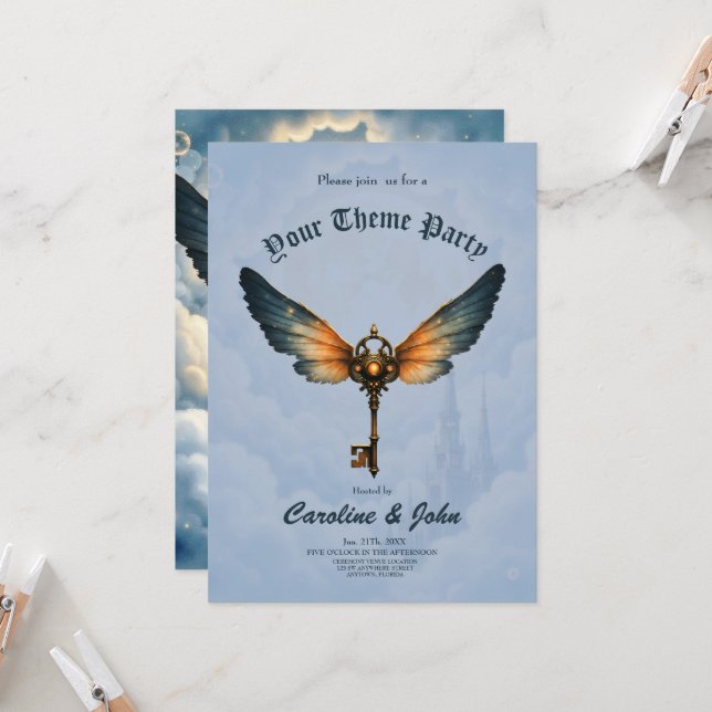 Invitación La Llave de la Eternidad – Alas Steampunk  (Anverso/Reverso In Situ)