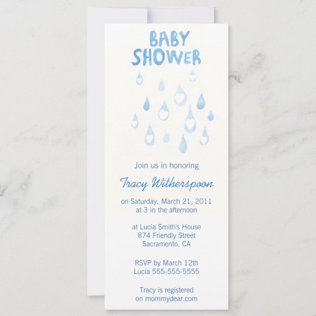 Invitación La lluvia azul cae la ducha de bebé (Anverso)