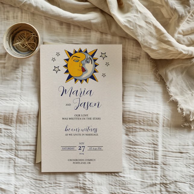 Invitación La luna de sol mexicana estrena a Boda celeste mís (Mexican Sun Moon Stars Mystical Celestial Wedding Invitation)