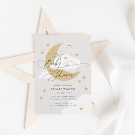 Invitación La Luna y las Estrellas Neutrales Elegante Script 