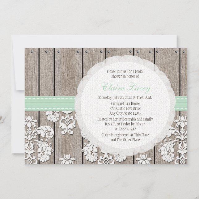 Invitación La Madera de Mint Lace Rutic Bridal Shower Invitac (Anverso)