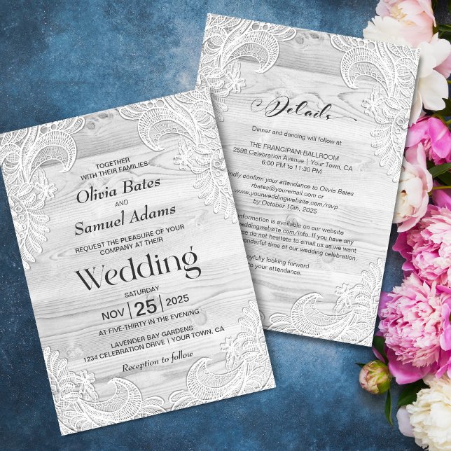 Invitación La Madera Gris Lace Todo En Un Boda (Subido por el creador)
