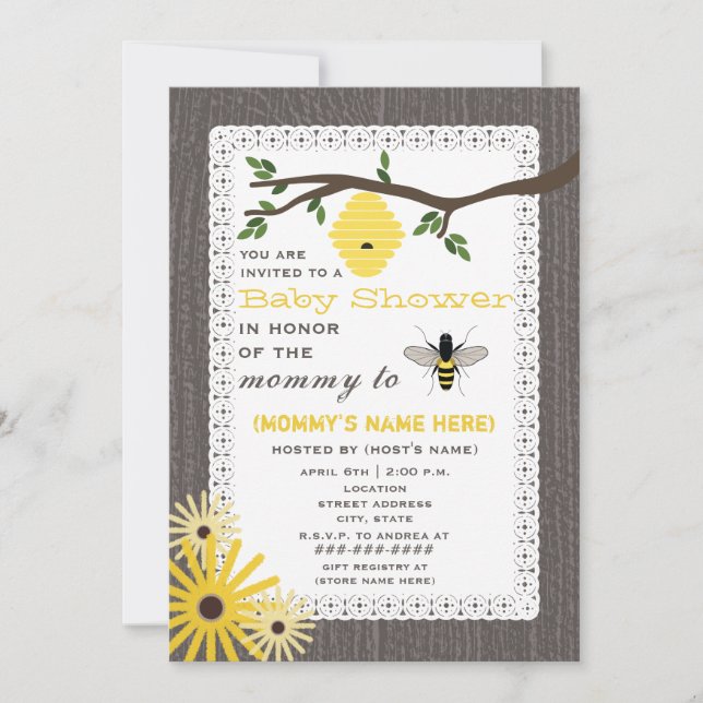 Invitación La madera inspiró a la miel Abeja tema Baby Shower (Anverso)