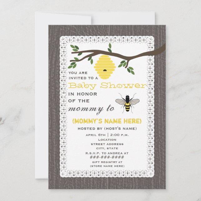 Invitación La madera inspiró la abeja Baby Shower temático de (Anverso)