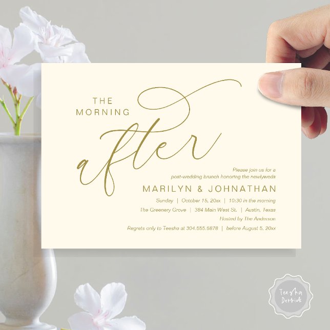 Invitación La Mañana Después, Agradecimiento de Brunch Post B (The Morning After, Post Wedding Brunch Appreciate Thank You Invitation Card PDF Yellow Gold)