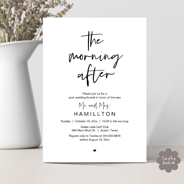 Invitación La Mañana Después, Brunch Posterior a la Boda (The Morning After, Post Wedding Brunch Elopement Modern Casual Invites Card PDF in Black White)
