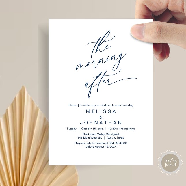 Invitación La Mañana Después, Brunch Romántico Post Boda (The Morning After Modern Romantic Post Wedding Elopement Brunch Invitation Card PDF in Navy Blue)