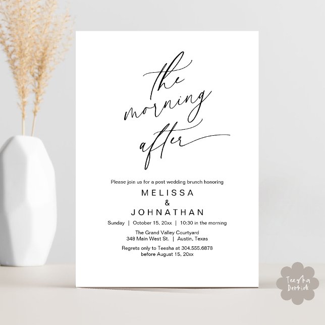 Invitación La mañana siguiente, el romántico Boda de post Bru (The Morning After Modern Romantic Post Wedding Elopement Brunch Invitation Card PDF in White Black)