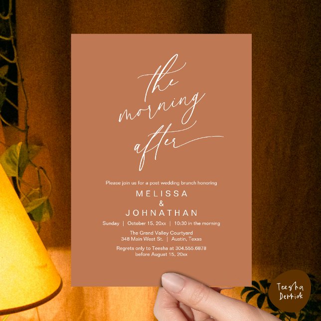Invitación La mañana siguiente, el romántico Boda de post Bru (The Morning After Modern Romantic Post Wedding Elopement Brunch Invitation Card PDF in Copper Brown)