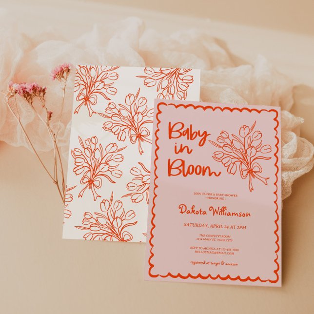 Invitación La mano arrastró al bebé en el Baby Shower de Bloo (Baby in Bloom Girls Baby Shower Invite)