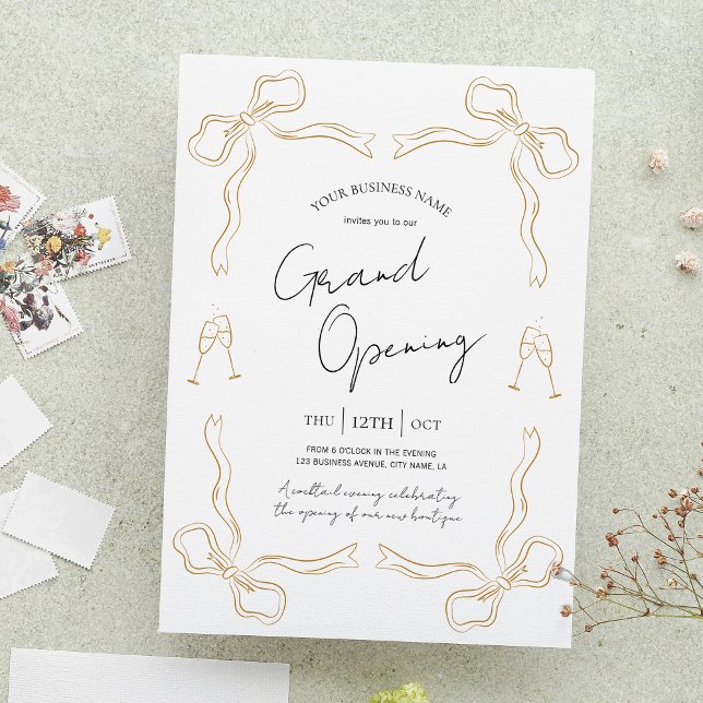 Invitación La mano de apertura empresarial atrae a la moderni (Create unique invitations for your grand opening with this hand drawn bow company invite design)