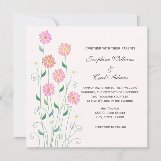 Invitación La mano de un país lindo dibuja margaritas rosas y (Anverso)