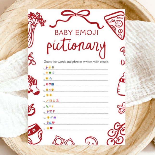 Invitación La mano roja dibujó juego piccionario de Emoji inf (Red Hand Drawn Italian Baby Emoji Pictionary Game)