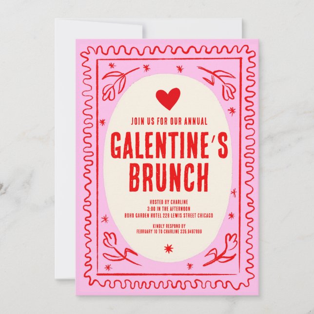 Invitación La mano rosa rojo del Día de Galentine dibuja Brun (Anverso)