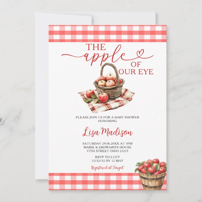 Invitación La manzana de la mirada Baby Shower Red Gingham (Anverso)