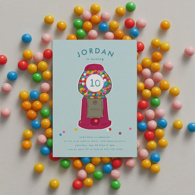 Invitación La máquina de Gumball rosa, el natalicio de la gom (Pink retro gumball candy machine kids mint blue birthday party invitation.)