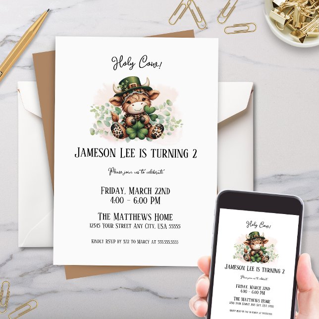 Invitación La Marcha Cuidada St Patricks, Partido del Cumplea (cute highland cow scottish birthday party invitation for kids holy cow lucky march party invites)