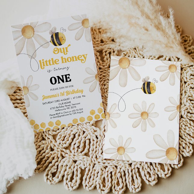 Invitación La margarita amarilla contemporánea bebe nuestra m (Little Honey Bee 1st Birthday Invitation Template, Daisies Honey Bee Birthday Invitation Bumble Bee )