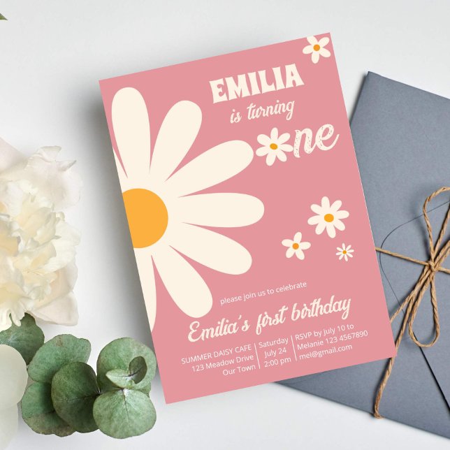 Invitación La margarita del desierto retro fiesta de primer c (Groovy retro daisy first birthday party template invitation instant download dusty desert pink)