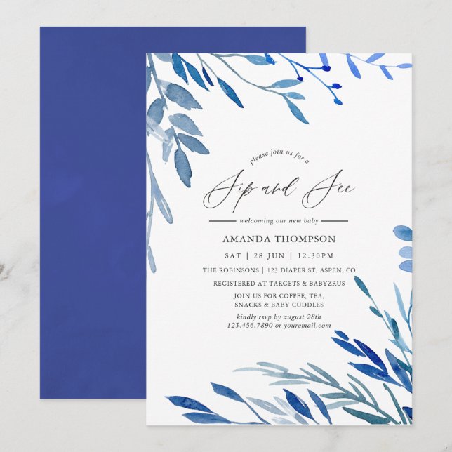 Invitación La marina acuarela Indigo deja Sip y ve Fiesta (Anverso / Reverso)
