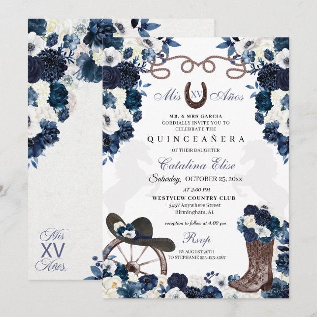 Invitación La Marina Azul Charra Occidental Boots Quinceanera (Anverso / Reverso)