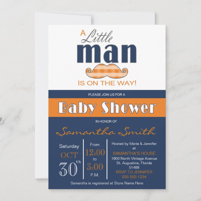 Invitación La marina Baby Shower de Little Man azul y Naranja (Anverso)