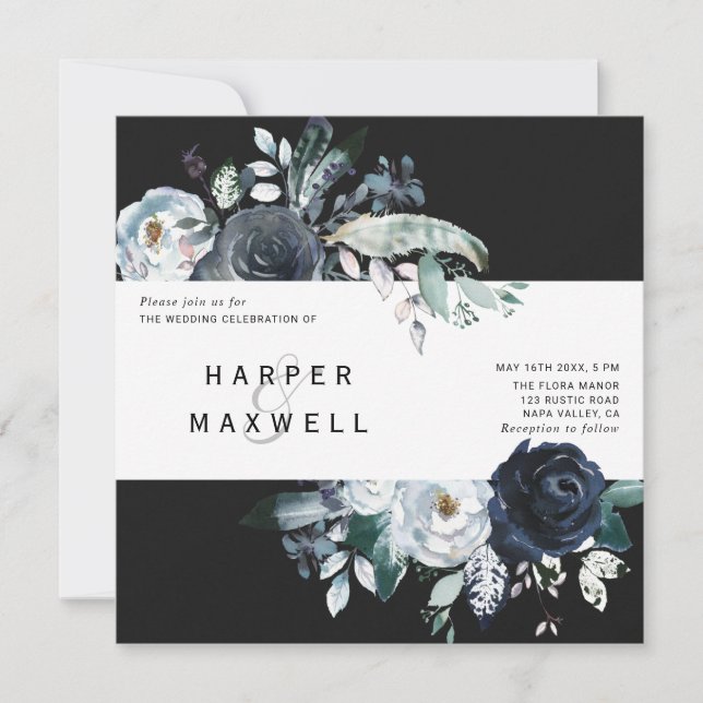 Invitación La Marina Blanca Boho Peony Kraft Boda Square Blac (Anverso)