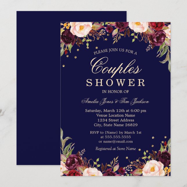Invitación La Marina Borgoña Elegante Ducha De Parejas Floral (Anverso / Reverso)
