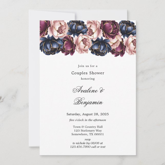 Invitación La Marina Borgoña Rubor Pink Peony Parejas Ducha (Anverso)