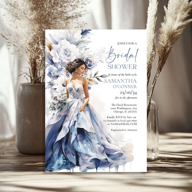 Invitación La marina de la acuarela del Boho y el vestido de  (Boho watercolor navy and white flower bridal dress invitation)