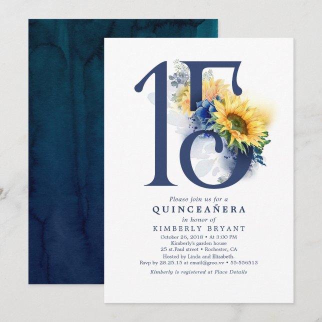 Invitación La marina de los girasoles floral azul elegante Qu (Anverso / Reverso)