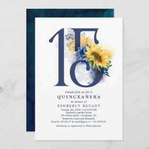 Invitación La marina de los girasoles floral azul elegante Qu