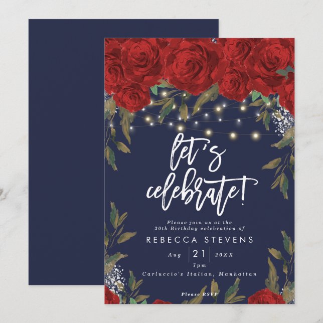 Invitación la marina de rosas rojas celebremos el cumpleaños (Anverso / Reverso)