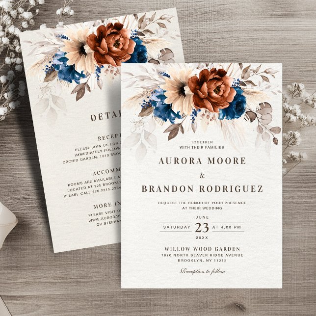 Invitación La Marina de Terracota Pampas pasó de Boda (Terracotta Navy Pampas Grass All in One Details Wedding Invitation)