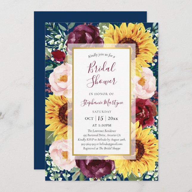 Invitación La marina del girasol Blue Burgundy Gold Bridal Sh (Anverso / Reverso)