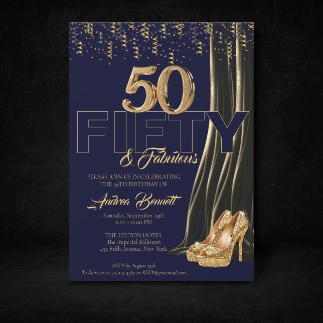 Invitación La Marina Elegante De Techo De Oro 50 Fabulosos Cu (Gold Navy 50th birthday invitation high heels)