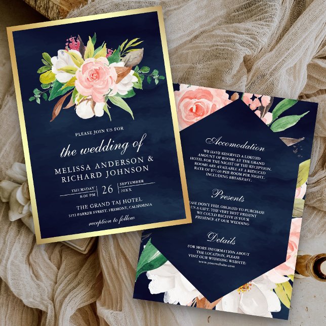 Invitación La marina floral rosa de Rubor azul en un solo Bod (Subido por el creador)