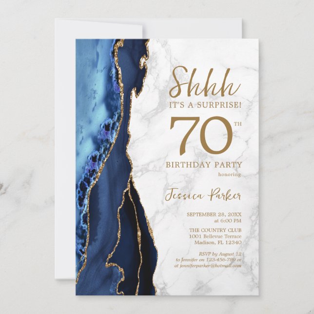 Invitación La Marina Gold Agate Marble Surge 70 cumpleaños (Anverso)