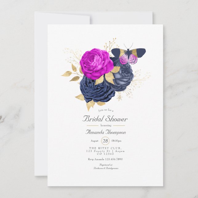 Invitación La Marina Magenta y la ducha de novias con flores  (Anverso)