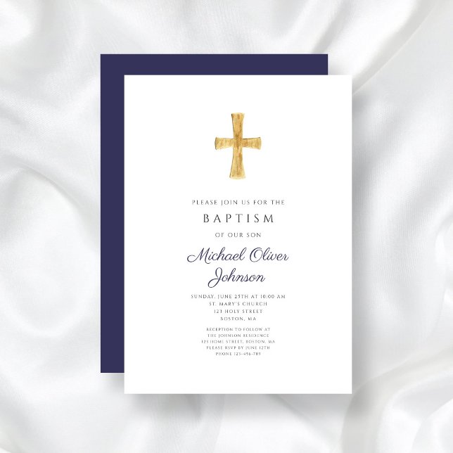 Invitación La Marina Moderna Cruza Azul Bautismo Niño Religio (Modern Navy Blue Cross Religious Boy Baptism Invitation)