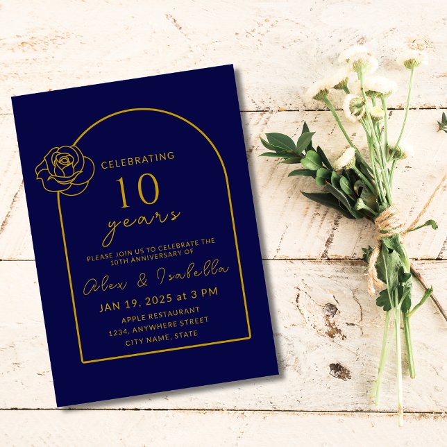 Invitación La Marina Moderna y el 10° Aniversario del Boda de (Modern Navy blue and gold 10th year wedding anniversary invitation for party invite)
