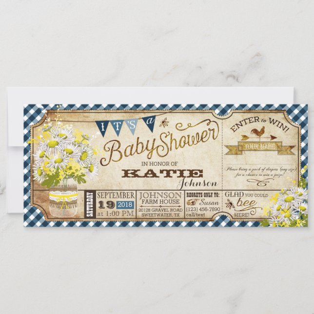 Invitación La Marina Picnic Daisy Gingham Revisa Baby Shower (Anverso)