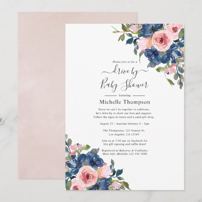 Invitación La Marina y el Rubor Floral Drive By Shower (Anverso / Reverso)