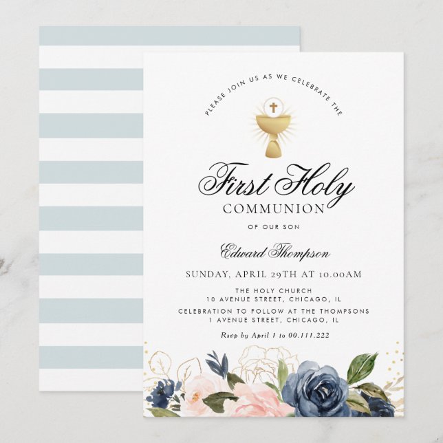Invitación La marina y la floral primera comunión (Anverso / Reverso)